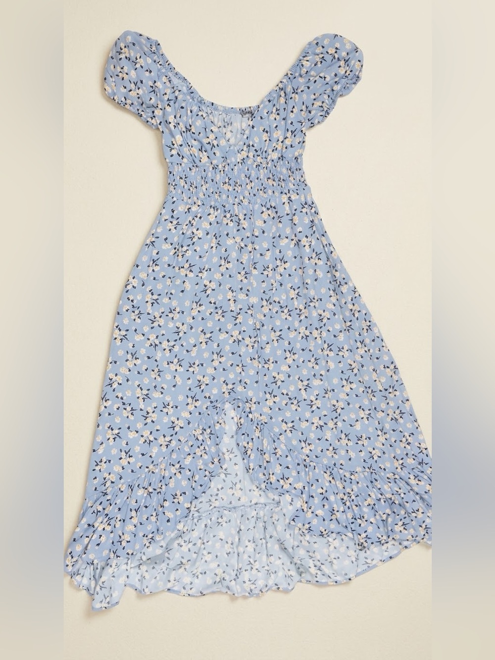Smocked Asymmetrical Floral Midi Dress in Light Blue
